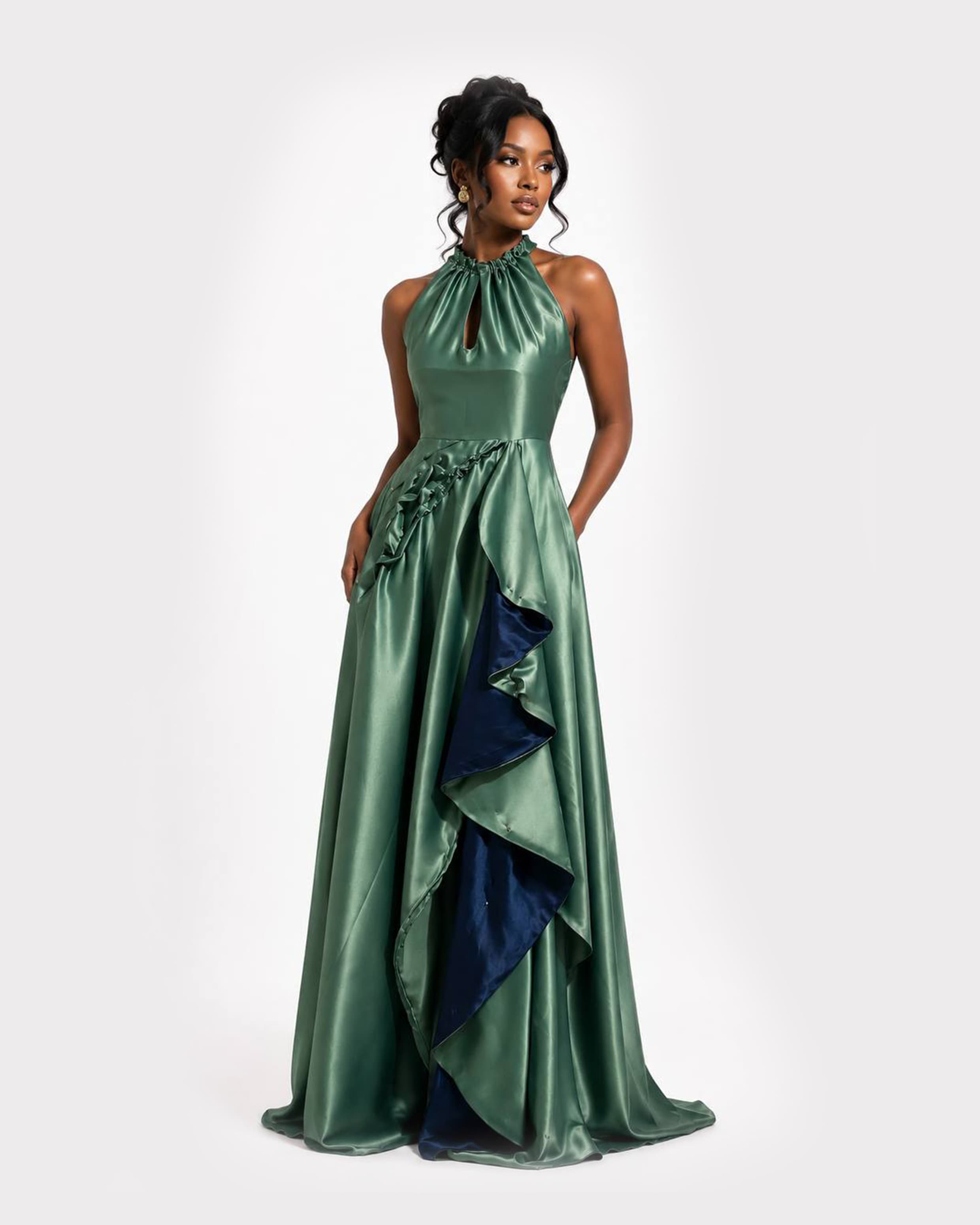 Two-Tone Satin Halter Keyhole Ruffle Evening Gown